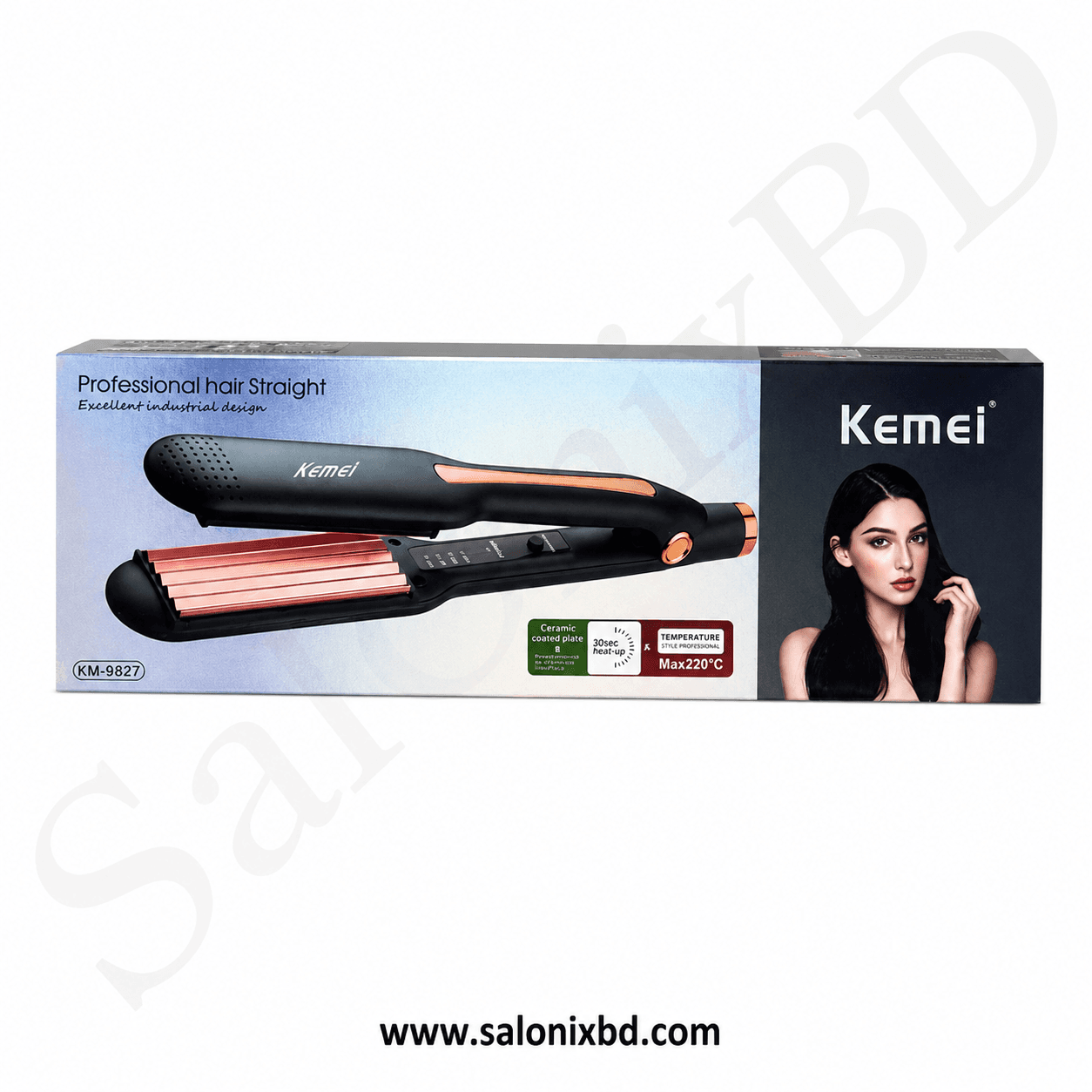 Kemei KM-9827 Professional Hair Straightener & Crimper হলো একটি প্রফেশনাল মানের হেয়ার স্টাইলিং টুল, যা চুল স্ট্রেইট করা এবং ক্রিম্প (Crimp)