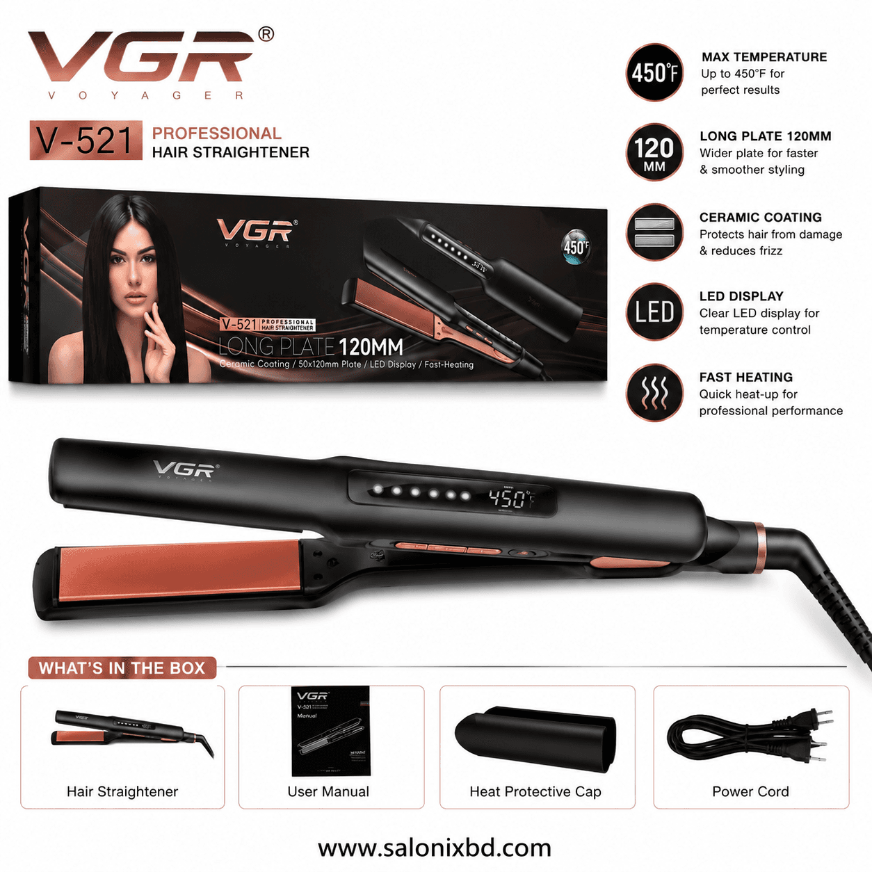 VGR V-521 Professional Hair Straightener দ্রুত ও স্মুথ হেয়ার স্টাইলিংয়ের জন্য তৈরি একটি প্রফেশনাল হেয়ার স্ট্রেইটনার