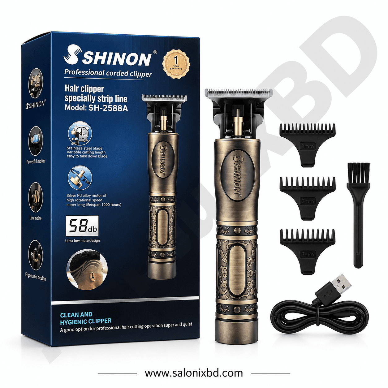 SHINON SH-2588A Professional Hair Clipper একটি শক্তিশালী ও টেকসই হেয়ার ক্লিপার, যা পেশাদার সেলুন,এবং ব্যক্তিগত