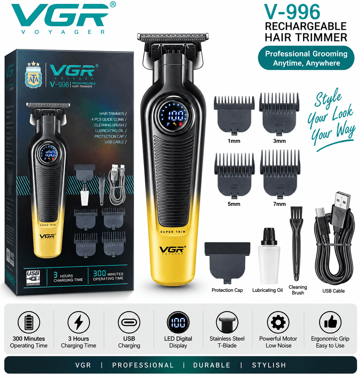 VGR V-996 Rechargeable Hair Trimmer একটি প্রিমিয়াম মানের কর্ডলেস ট্রিমার, যা সেলুন, বারবার শপ এবং ব্যক্তিগত ব্যবহারের জন্য উপযুক্ত