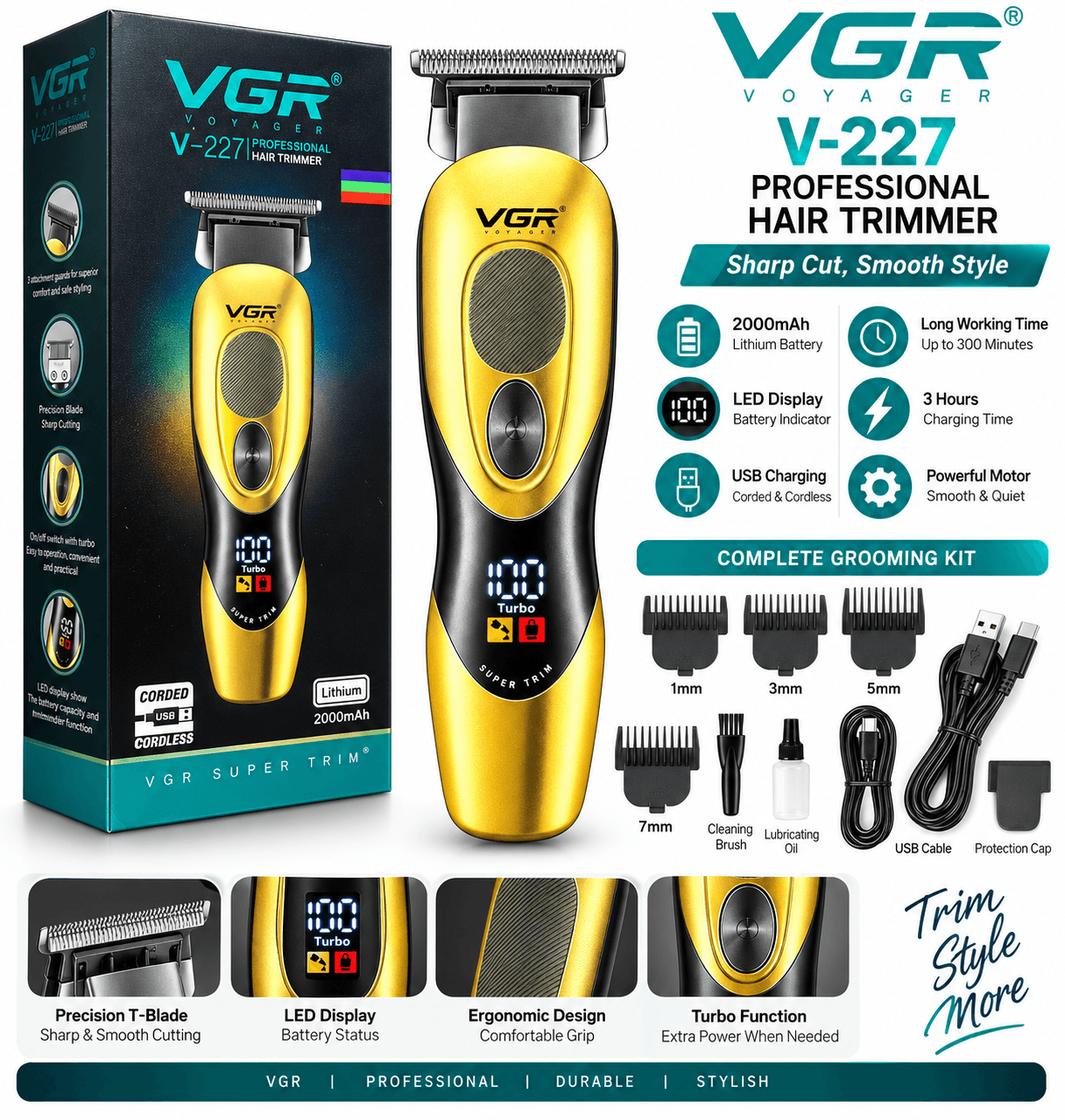VGR V-227 Professional Hair Trimmer একটি প্রিমিয়াম মানের কর্ডলেস হেয়ার ট্রিমার, যা পেশাদার সেলুন, বারবার শপ এবং ব্যক্তিগত ব্যবহারের জন্য উপযোগী