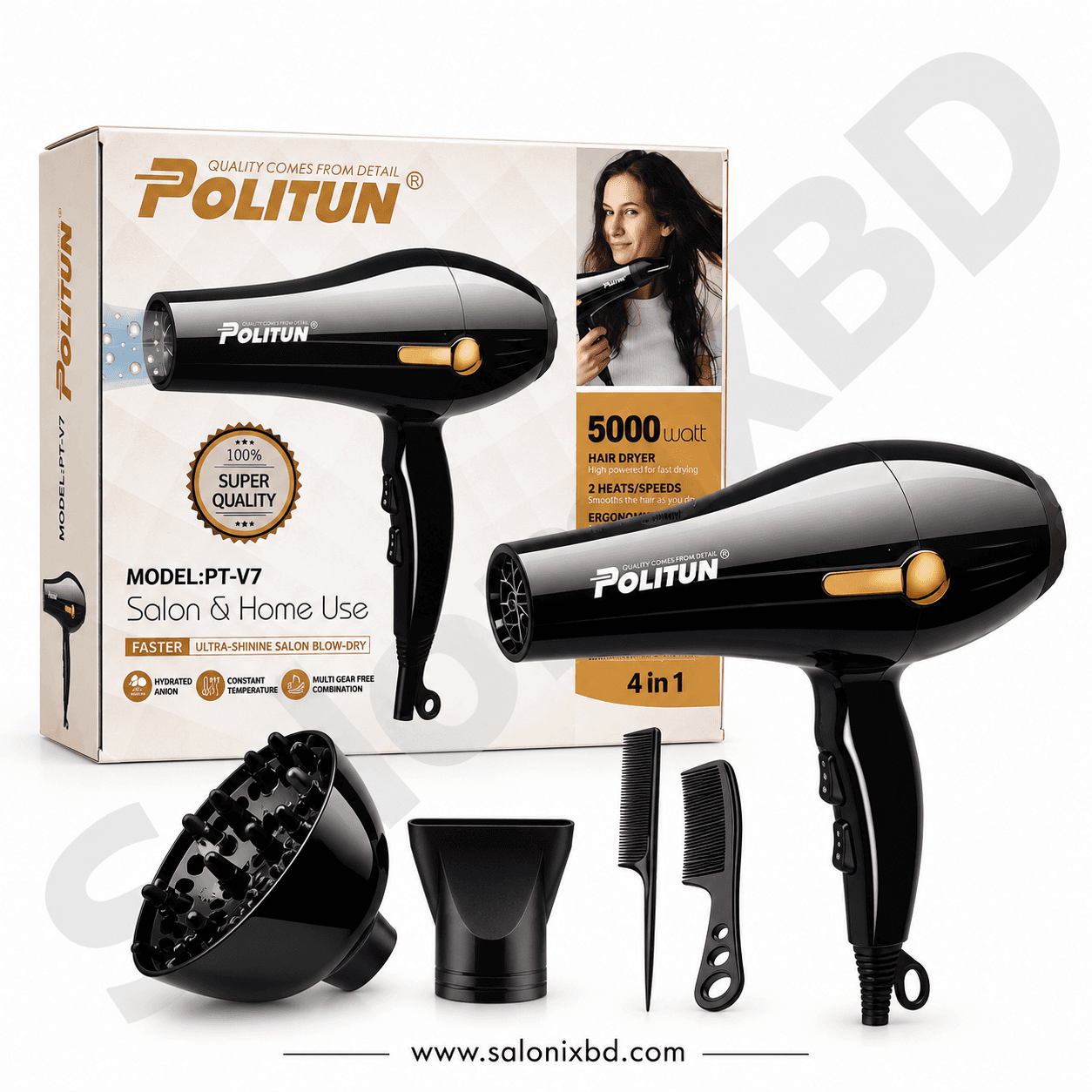 Politun PT-V7 Professional Hair Dryer (5000W) হলো সেলুন ও ব্যক্তিগত ব্যবহারের জন্য উপযুক্ত একটি শক্তিশালী হেয়ার ড্রায়ার