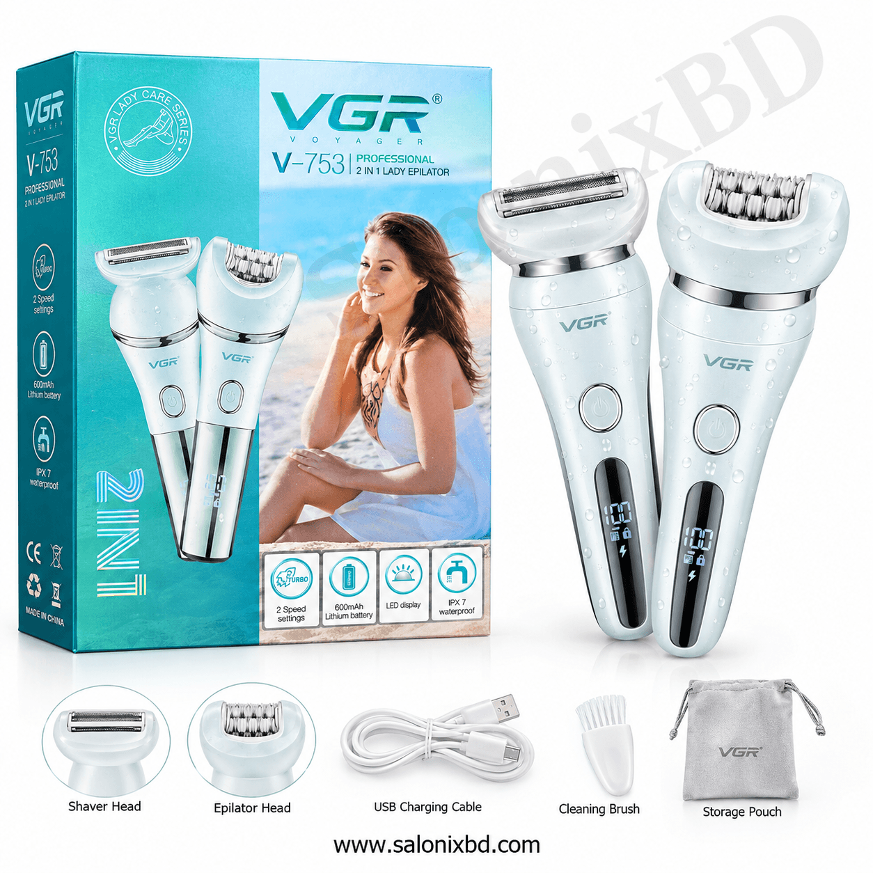 VGR V-753 Professional 2 in 1 Lady Epilator নারীদের ব্যক্তিগত গ্রুমিংয়ের জন্য একটি রিচার্জেবল এপিলেটর ও শেভার সেট