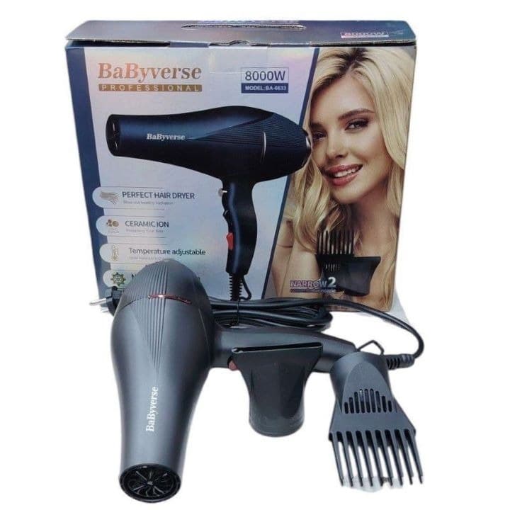 BaByverse BA-6633 hair dryer features 8000W of professional power and ionic technology for faster, healthier styling.