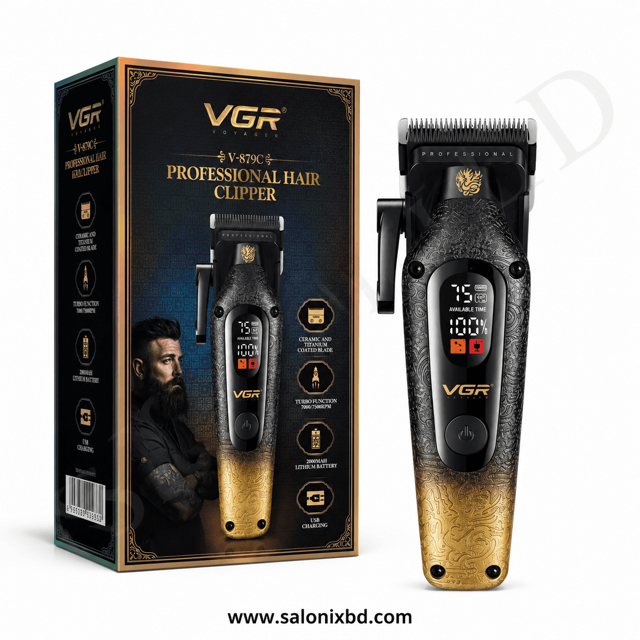 VGR V-879C Professional Hair Clipper একটি প্রিমিয়াম গ্রেডের শক্তিশালী ডুয়াল-স্পিড মোটর, উচ্চমানের Ceramic+Titanium Coated Blade রিচার্জেবল হেয়ার ক্লিপার