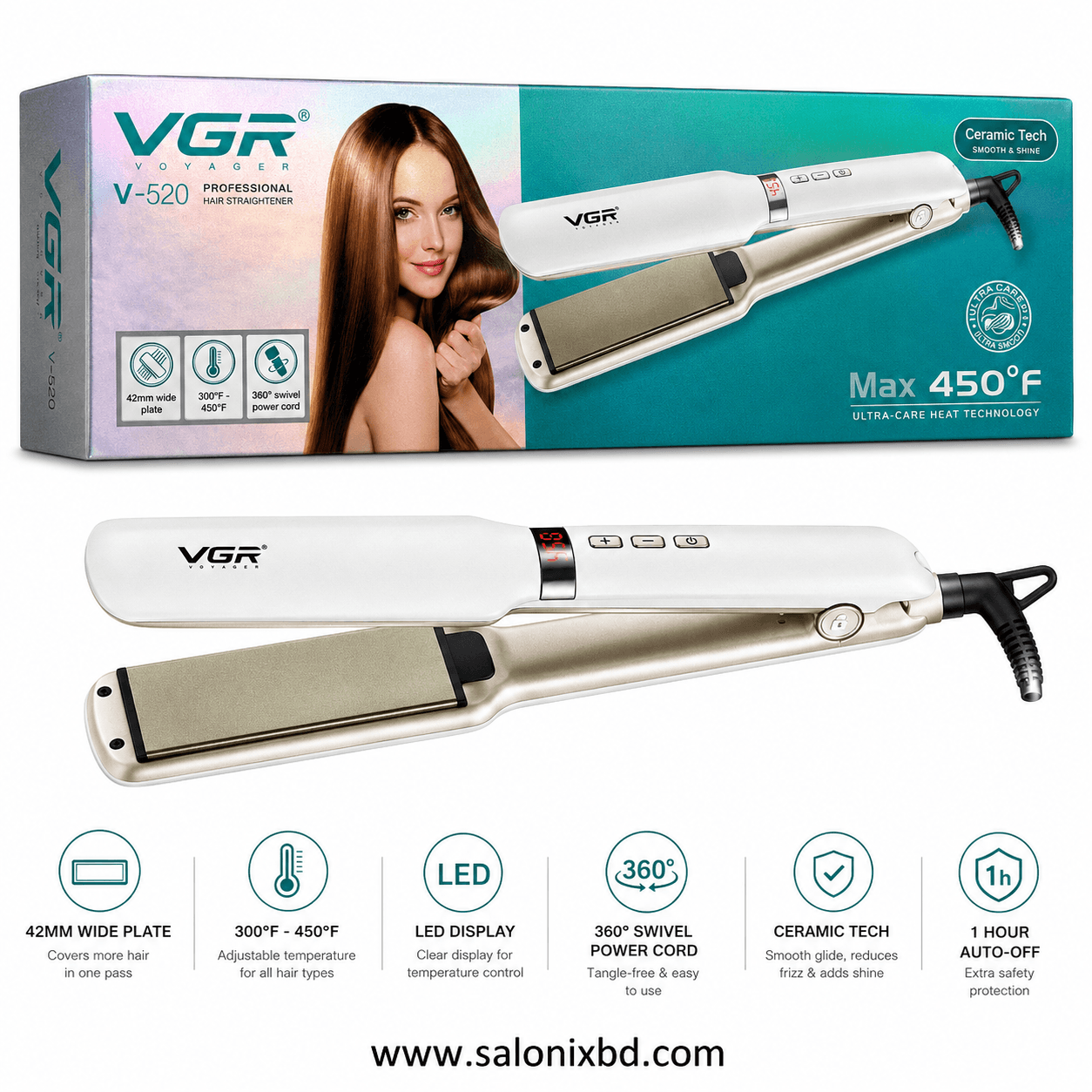 VGR V-520 Professional Hair Straightener হলো সেলুন, পার্লার ও ব্যক্তিগত ব্যবহারের জন্য উপযোগী একটি প্রফেশনাল হেয়ার স্ট্রেইটনার