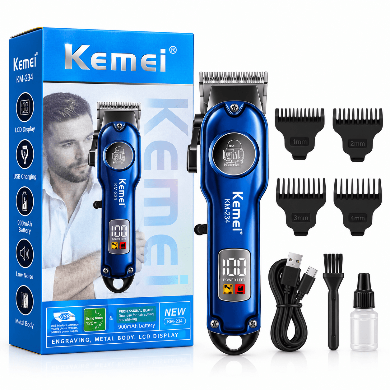 Kemei KM-234 Professional Hair Clipper একটি রিচার্জেবল প্রফেশনাল ক্লিপার, যা চুল কাটা, দাড়ি ট্রিমিং, ফেডিং