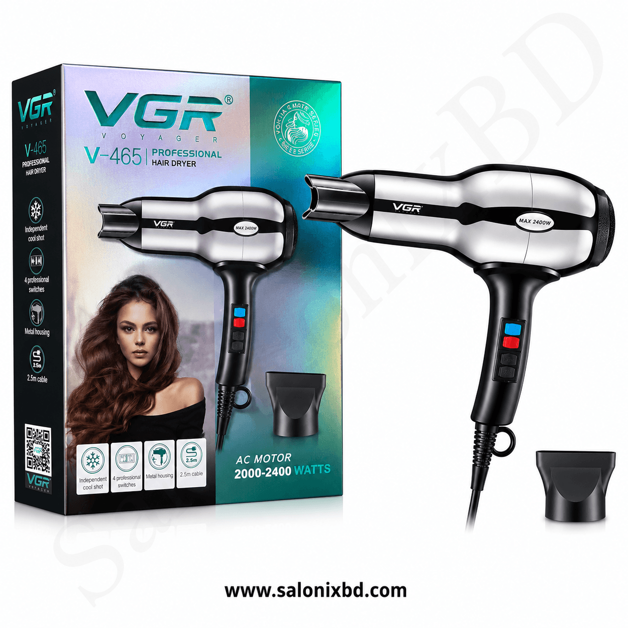 Vgr V-465 Essential Drycare Hair Dryer Salon Series For Women (2000–2400W) একটি শক্তিশালী ও প্রিমিয়াম মানের হেয়ার ড্রায়ার