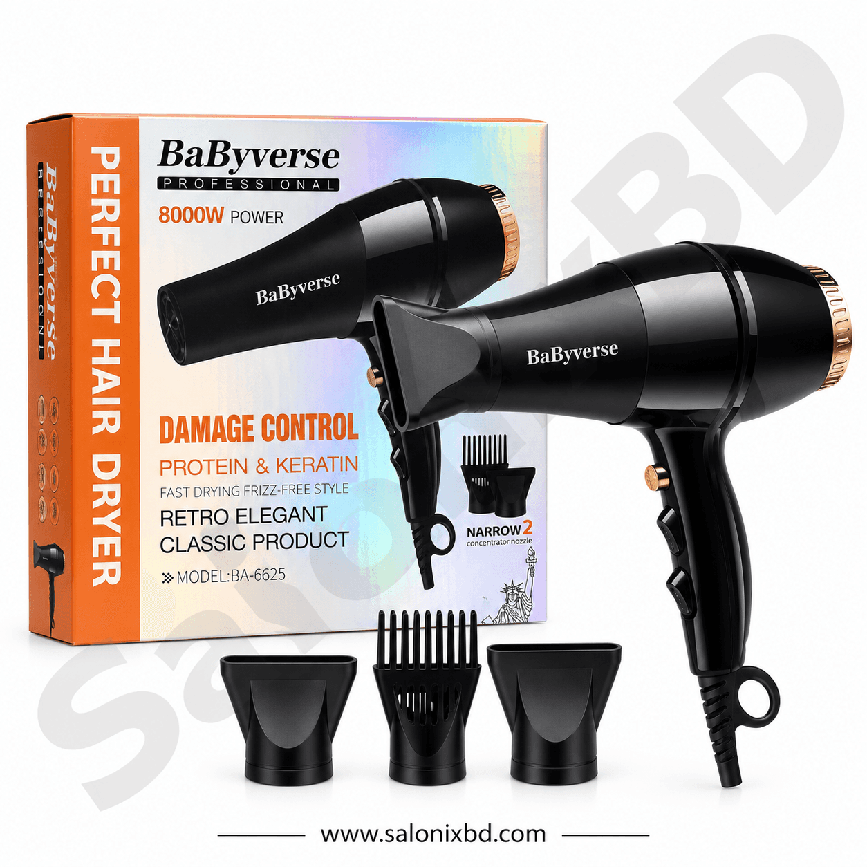 BaByverse Professional 8000W Hair Dryer (Model: BA-6625) দ্রুত, নিরাপদ এবং কার্যকরভাবে চুল শুকানোর জন্য ডিজাইন করা একটি শক্তিশালী হেয়ার ড্রায়ার