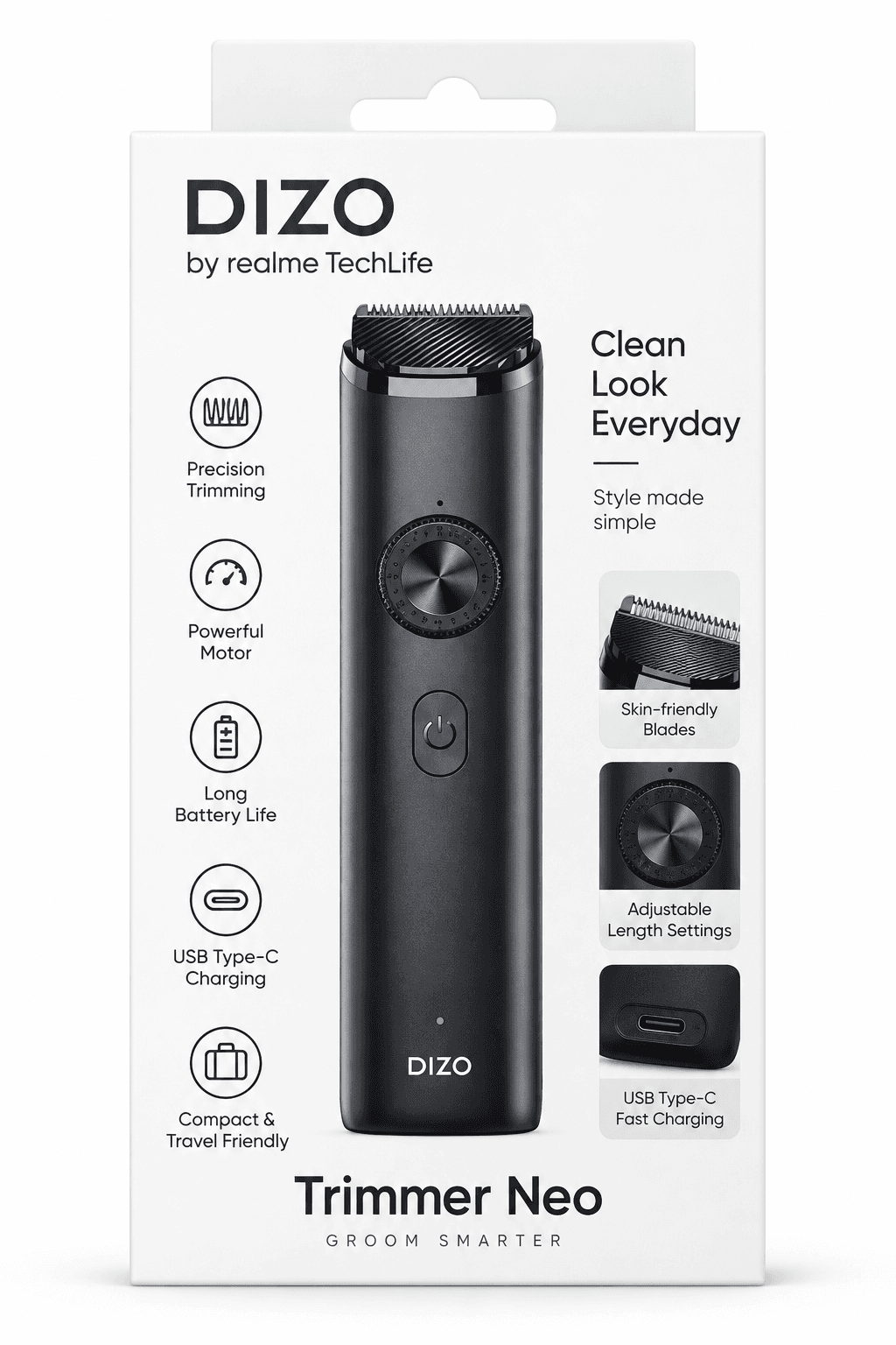 DIZO Trimmer Neo by realme TechLife হলো পুরুষদের দাড়ি ও হেয়ার গ্রুমিংয়ের জন্য একটি স্মার্ট ও আধুনিক ট্রিমার