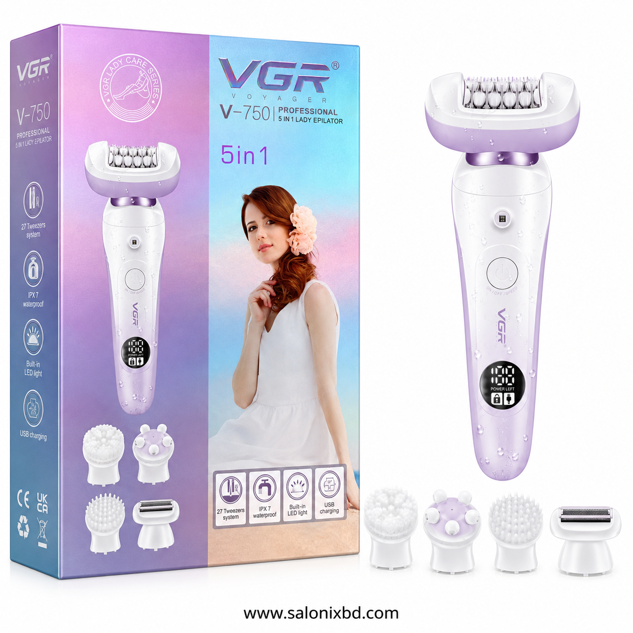 VGR V-750 Professional 5 in 1 Lady Epilator নারীদের ব্যক্তিগত গ্রুমিংয়ের জন্য একটি মাল্টি-ফাংশন রিচার্জেবল এপিলেটর সেট