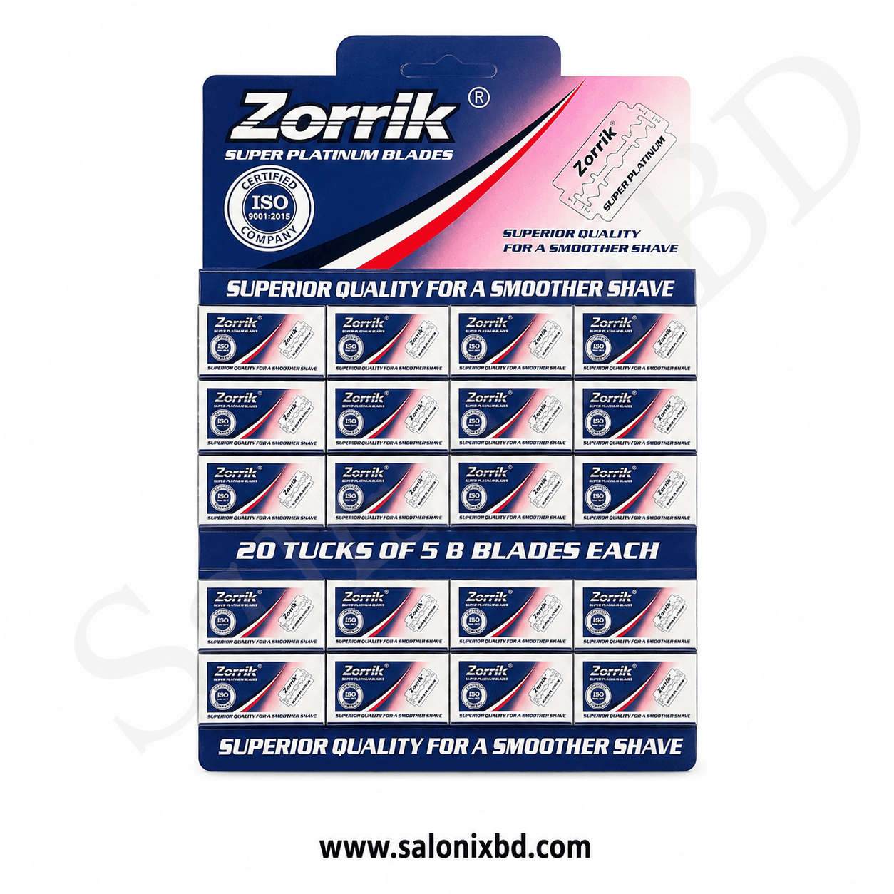 Zorrik Super Platinum Blades (20 Tucks × 5 Blades) উন্নত মানের স্টেইনলেস স্টিল দিয়ে তৈরি একটি প্রিমিয়াম শেভিং ব্লেড