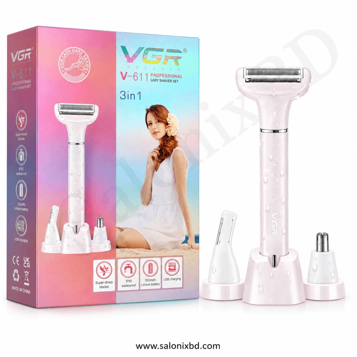 VGR V-611 Professional 3 in 1 Lady Shaver Set নারীদের ব্যক্তিগত গ্রুমিংয়ের জন্য একটি বহুমুখী রিচার্জেবল শেভার সেট