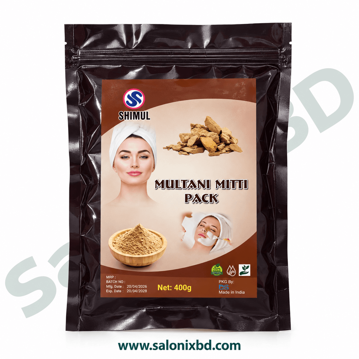 SHIMUL Multani Mitti Pack 400g ত্বকের অতিরিক্ত তেল, ময়লা ও ধুলাবালি পরিষ্কার করতে সহায়ক একটি ন্যাচারাল ফেস প্যাক