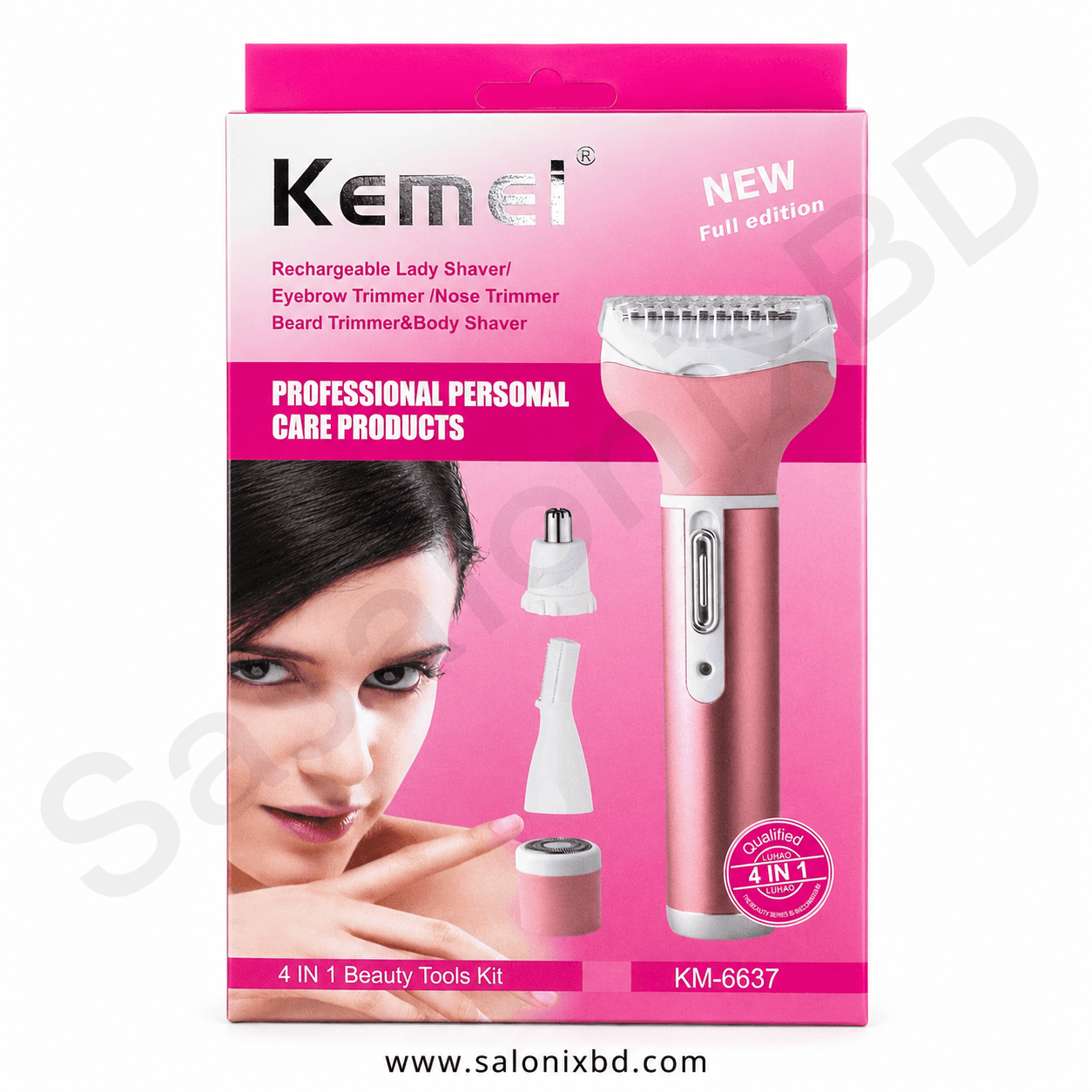 Kemei KM-6637 4 in 1 Beauty Tools Kit হলো নারীদের ব্যক্তিগত গ্রুমিং ও বিউটি কেয়ারের জন্য একটি মাল্টি-ফাংশন রিচার্জেবল ডিভাইস