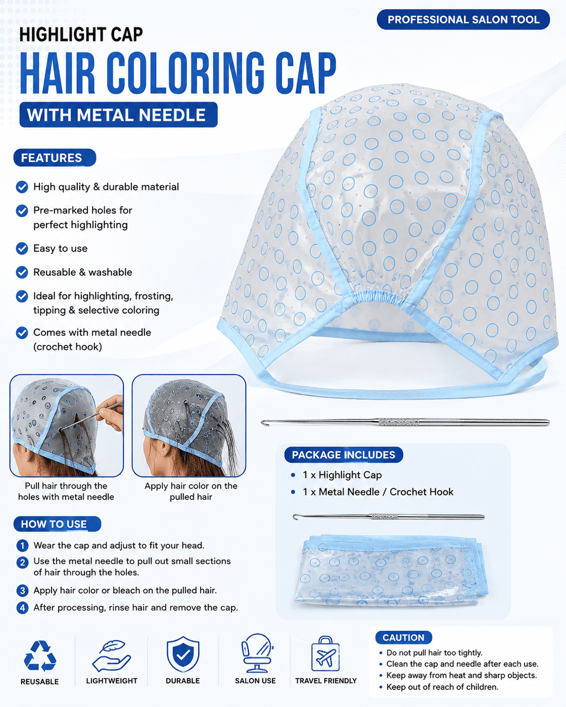 Hair Coloring Highlight Cap with Metal Needle হলো চুলে Highlight, Frosting, Tipping ও Selective Coloring করার জন্য ব্যবহারযোগ্য একটি প্রফেশনাল সেলুন টুল