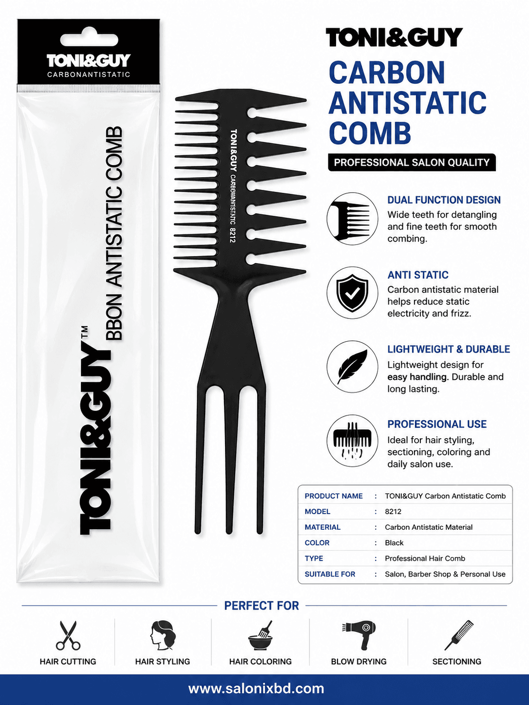 TONI&GUY Carbon Antistatic Comb 8212 – Professional Wide Tooth Hair Comb