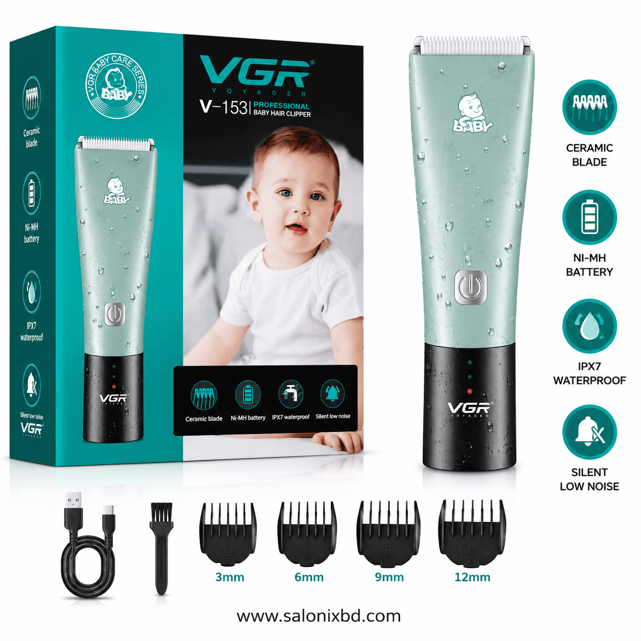 VGR V-153 Professional Baby Hair Clipper শিশুদের চুল কাটার জন্য তৈরি একটি লো-নয়েজ, রিচার্জেবল হেয়ার ক্লিপার