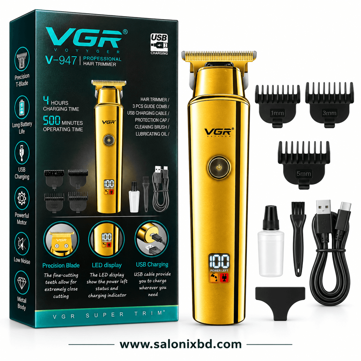 VGR V-947 Professional Hair Trimmer একটি প্রিমিয়াম মানের রিচার্জেবল টি-ব্লেড ট্রিমার